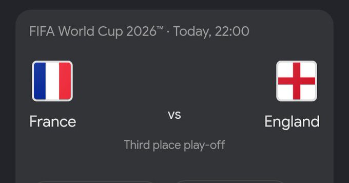 A dark sports interface displays a FIFA World Cup 2026 matchup between France and England, labeled as the 'Third place play-off' scheduled for today at 22:00.