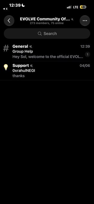 A Telegram group chat screenshot for 'EVOLVE Community Of...' shows 273 members, 75 online, and includes a 'General' channel and a 'Support' channel.