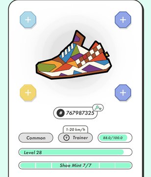The image shows a colorful, cartoon-style shoe with a checkerboard pattern of different colors. It appears that this shoe has been designed for a video game or app, as indicated by the text "Stepn" at the bottom of the screen. The shoe is displayed on a white background and is surrounded by various buttons and icons, suggesting it may be part of an interactive gaming experience.