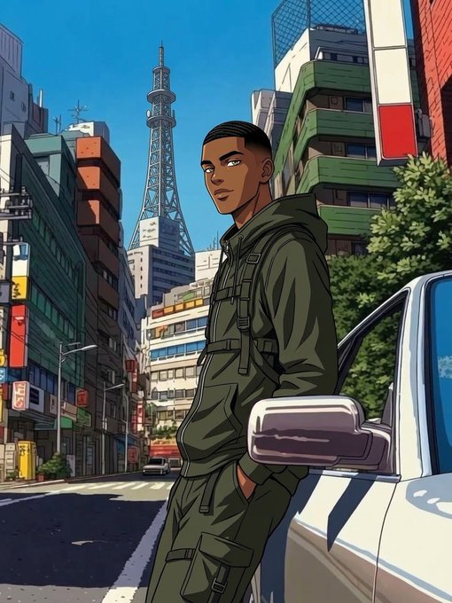 An anime/comic-style illustration depicts a young man in a green tactical outfit leaning against a white car on a city street, with a tall tower resembling Tokyo Tower in the background.