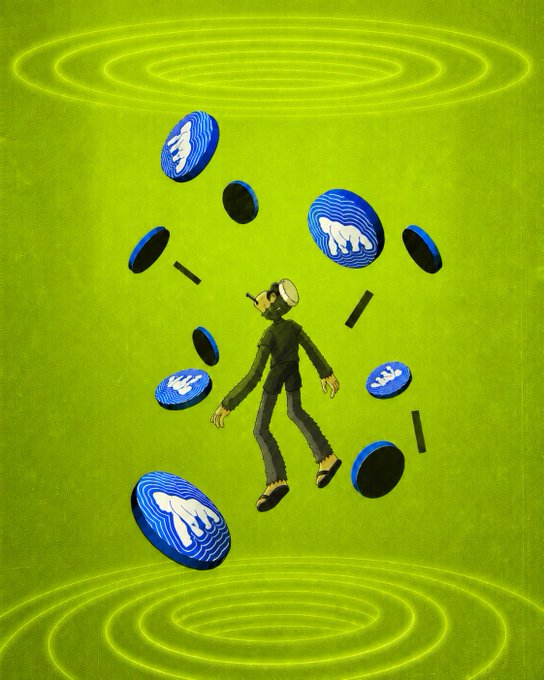 An illustration of a figure wearing a gas mask and dark clothing floating against a green background, surrounded by blue oval-shaped tokens with white hand logos and concentric glowing rings.
