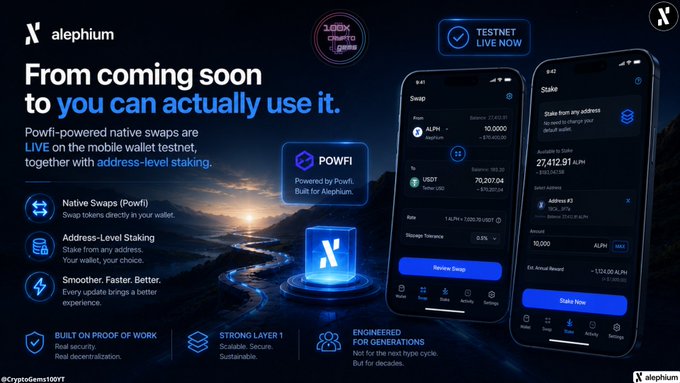 A promotional graphic for Alephium announcing that 'Powfi-powered native swaps are LIVE on the mobile wallet testnet' along with address-level staking features, dated 28.07.25.