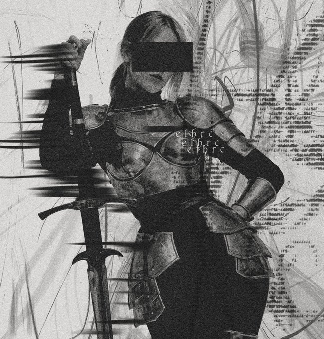 A woman in medieval plate armor poses with a sword, her face censored by a black bar, with the repeated text "eihrc" overlaid on her chest—echoing the "- h e r" caption by stripping the image down to scattered letters. The fragmented typography and weathered, sketch-like aesthetic reinforce a sense of deconstructed identity and faded medievalism.