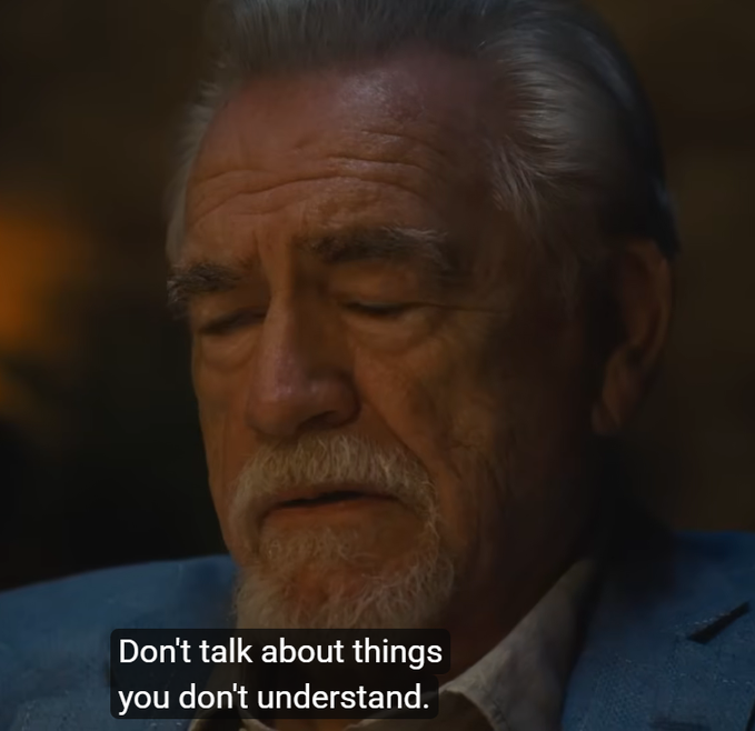An older man with white hair, a beard, and a blue blazer has his eyes closed in a contemplative or dismissive expression, with a subtitle reading "Don't talk about things you don't understand." The image pairs with the post to suggest that dismissing the past success of crypto OGs and altcoin seasons from earlier eras reflects a lack of understanding of market cycles.
