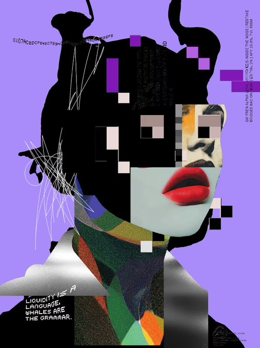 An avant-garde digital art collage featuring a fragmented portrait with red lips, glitch art elements, and text reading 'LIQUIDITY IS A LANGUAGE, WHALES ARE THE GRAMMAR' on a purple background.