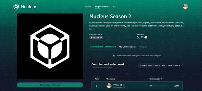 A screenshot of a web platform called 'Nucleus' showing 'Nucleus Season 2' with a campaign ends in timer, a 3D hexagon logo, and a Contribution Leaderboard showing user 'evren' at rank 6.