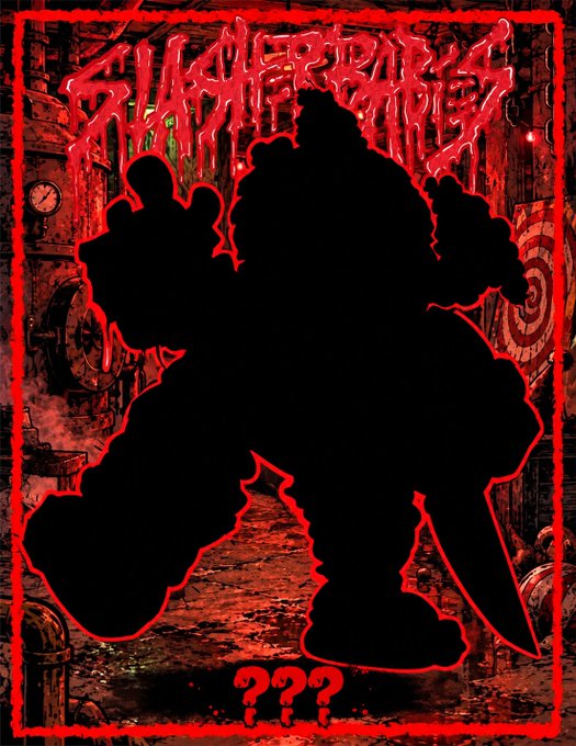 An album cover or poster titled "SLASHTERRORZ" features a large black silhouette of a figure holding a knife, outlined in red, with "???" displayed at the bottom over a dark, gritty industrial background.