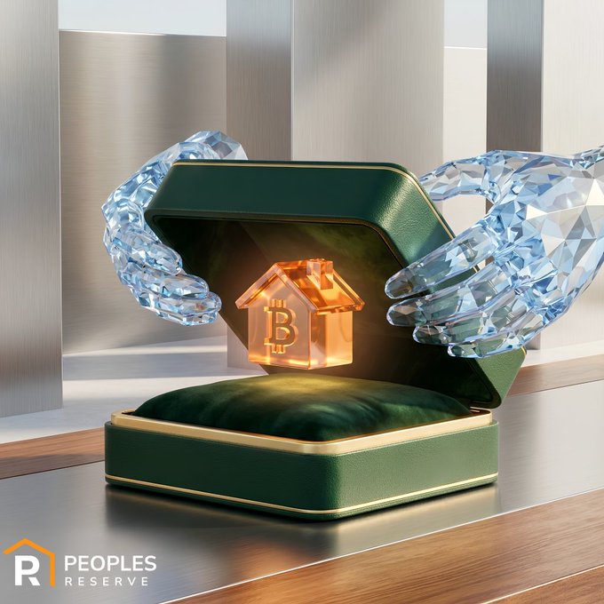 A 3D rendered advertisement for 'PEOPLES RESERVE' showing crystalline, translucent robotic hands opening a green velvet box to reveal a glowing golden house icon with a Bitcoin 'B' symbol inside.