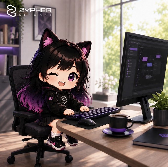 A cute chibi character with black and purple hair and cat ears sits at a desk, winking while typing at a computer showing code, with a coffee cup beside her, and the "ZYPHER NETWORK" logo displayed in the top left corner.

The image perfectly captures the post's "Saturday mode" vibe, showing the ZYPHER NETWORK developer/team member "Mart" grinding through weekend work with coffee in hand while actively coding at her workstation.
