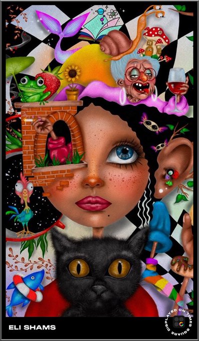 A surreal collage-style artwork by 'ELI SHAMS' featuring a face with one large blue eye, surrounded by various elements including a black cat, a frog, a rooster, a mushroom, an ear, and a brick fireplace.