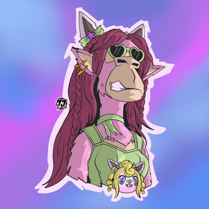 A digital illustration of a pink-haired humanoid character with heart-shaped sunglasses, featuring a yellow charm with a face attached to her green outfit.