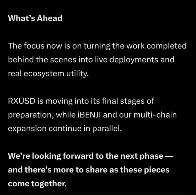 A dark-themed text graphic titled "What's Ahead" outlining upcoming project developments, stating that "The focus now is on turning the work completed behind the scenes into live deployments and real ecosystem utility." It notes that "RXUSD is moving into its final stages of preparation, while iBENJI and our multi-chain expansion continue in parallel," and closes with the bolded line, "We're looking forward to the next phase — and there's more to share as these pieces come together." The image does not directly reference $STBL or BTC, but appears to be shared alongside a post discussing STBL's resilience through the BTC bear market, suggesting the "What's Ahead" graphic is from a related project (likely iBENJI/RXUSD) being presented as a parallel bullish development in the same ecosystem.