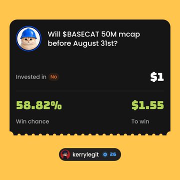 A prediction market card asking 'Will $BASECAT 50M mcap before August 31st?' with a 58.82% win chance, $1.55 to win, created by user kerrylegit (26).
