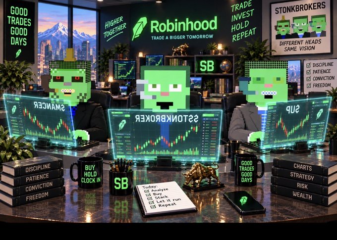 A pixel-art trading scene featuring green zombie-like characters at computer screens displaying 'STONKBROKER' and charts, with motivational phrases like 'GOOD TRADES GOOD DAYS,' 'TRADE INVEST HOLD REPEAT,' and books labeled 'DISCIPLINE,' 'PATIENCE,' 'CONVICTION,' 'FREEDOM,' 'CHARTS,' 'STRATEGY,' 'RISK,' and 'WEALTH.'