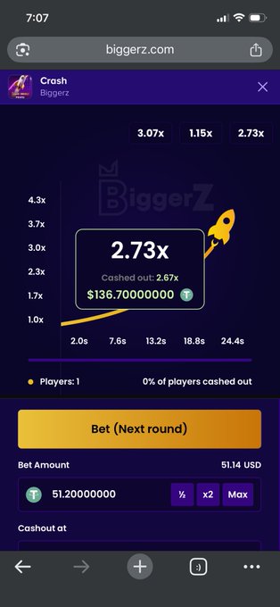 A mobile screenshot from biggerz.com showing a "Crash" game round where a player successfully cashed out at a 2.67x multiplier, winning $136.70 USDT from a 51.20 USD bet.