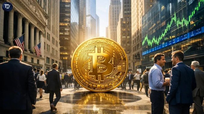 An illustration of a giant golden Bitcoin coin displayed in the middle of Wall Street, flanked by American flags and financial buildings, with a rising green stock chart in the background.