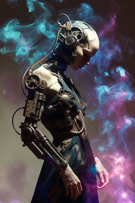 A digital artwork of a cyborg/robotic female figure in profile, surrounded by swirling blue and pink smoke.