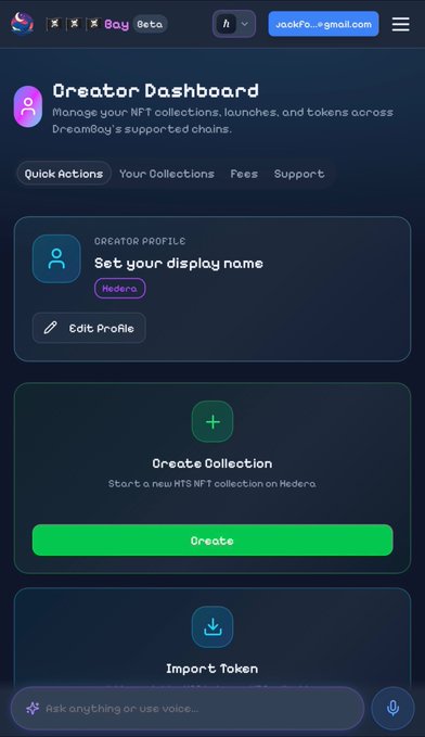 A Creator Dashboard interface from DreamyBay showing NFT collection management options including Edit Profile, Create Collection on Hedero, and Import Token features.