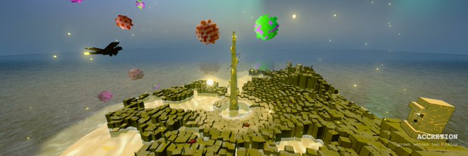 A voxel-style video game scene showing an island fortress with a central tower and floating virus-like particles, featuring a character flying in the upper left corner.