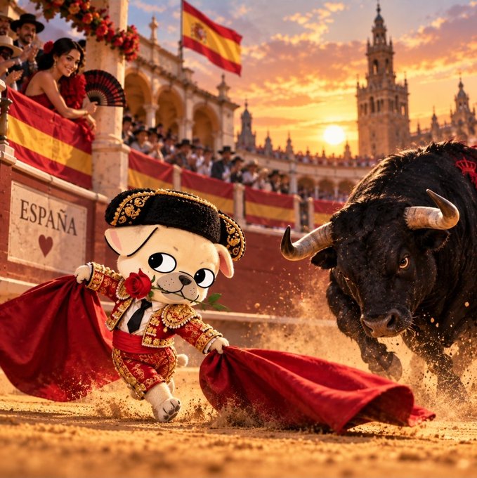 An AI-generated illustration of a cartoon chihuahua dressed as a matador, holding a red rose and cape, facing a charging black bull in a Spanish bullring with 'ESPAÑA ♥' signage and the Spanish flag in the background.