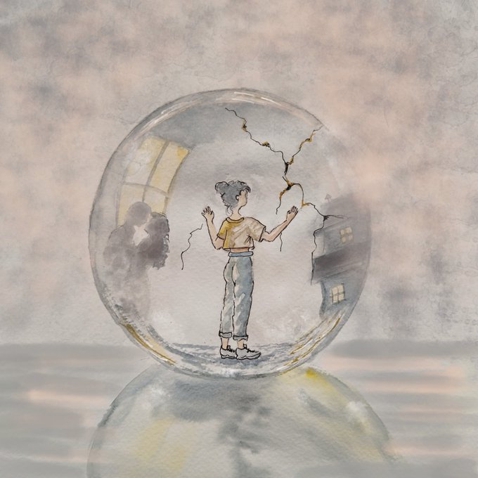 A watercolor-style illustration showing a person trapped inside a cracked, reflective glass sphere, with silhouettes of buildings and figures visible through the bubble.