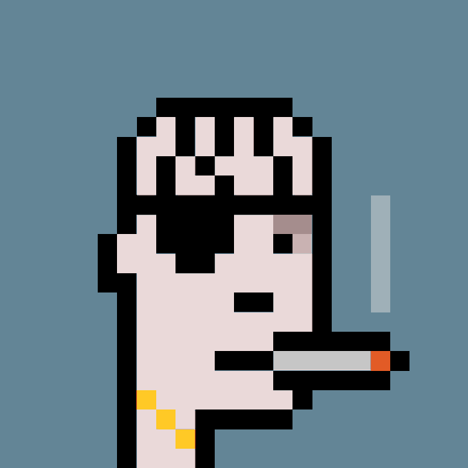 A pixel art illustration of a character with black hair smoking a cigarette against a blue background.