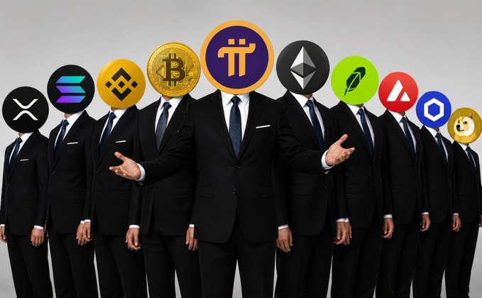 A row of business professionals, their identities masked by various cryptocurrency logos including XRP, Solana, Bitcoin, Pi Network, Ethereum, and Dogecoin, stand together in suits against a gray background. The image symbolizes the diverse crypto ecosystems referenced in the post, illustrating how Pi Network's potential liquidity could rival that of major blockchains like Ethereum, Bitcoin, Solana, and Robinhood's Layer 2 network if it opened its ecosystem to derivative token issuance.
