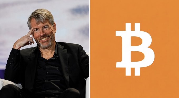 Michael Saylor smiling alongside a large Bitcoin (₿) symbol on an orange background, illustrating news of his company Strategy ($MSTR) selling 1,637 BTC valued at $102 million.