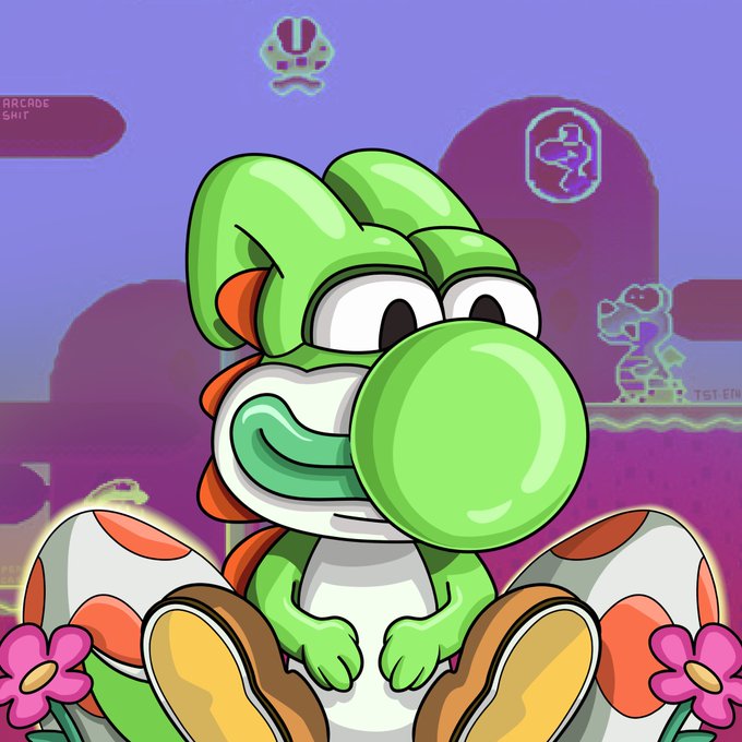 A colorful cartoon illustration of a smiling green dinosaur character emerging from a spotted eggshell, set against a purple video game background with retro pixel art elements.