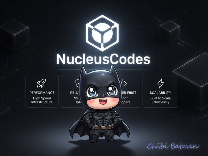 A cute chibi Batman character stands prominently in front of a dark promotional banner for **NucleusCodes**, highlighting features like "PERFORMANCE: High Speed Infrastructure" and "SCALABILITY: Built to Scale Effortlessly," with the caption "Chibi Batman" in the corner. The image visually represents the post's theme of evaluating reputation and contribution, using the recognizable superhero as a symbolic guardian or enforcer of integrity within the Web3 space that NucleusCodes is building.