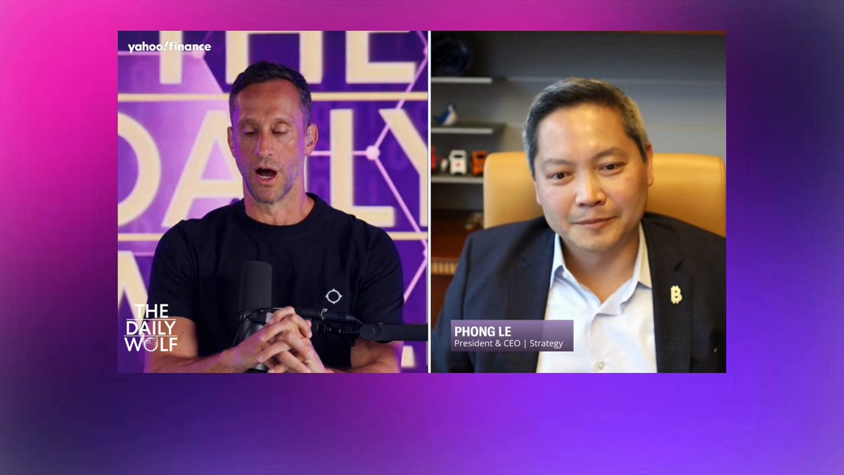 The image shows two men talking about Bitcoin, with one man wearing a black shirt and the other wearing a suit. The background of the image has purple and pink colors, which are used as the background for the podcast recording. The caption below the image reads "Strategy CEO Phong Le lays down the three reasons behind the Bitcoin sale".