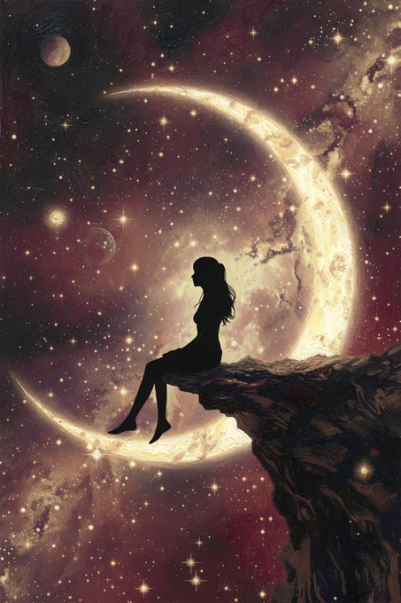 A silhouette of a girl sitting on a cliff edge with a large glowing crescent moon and a starry cosmic sky in the background.