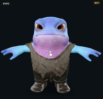 A 3D render of a blue and purple lizard-like character wearing a brown apron and black boots stands against a dark background with the number '#1972' in the top left corner.