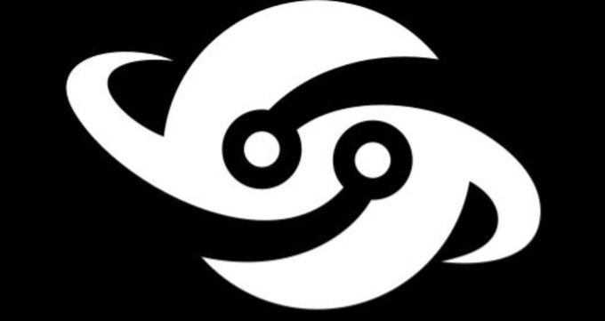 A black and white logo depicting a stylized planet with rings and two large eyes, resembling a celestial body with a face.