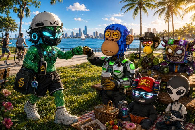 A vibrant digital illustration depicts a group of anthropomorphic NFT characters, including a blue gorilla, an alien, and others, having a picnic on a beach with a city skyline in the background.
