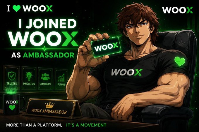 A muscular anime-style character wearing a black "WOOX" t-shirt proudly holds up a glowing WOOX card while seated next to a "WOOX AMBASSADOR" nameplate. The promotional graphic reads "I ❤️ WOOX / I JOINED WOOX AS AMBASSADOR" with the tagline "MORE THAN A PLATFORM, IT'S A MOVEMENT," visually celebrating the featured Pioneer ambassador @bakii0094 highlighted in the post.