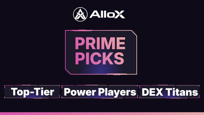 A promotional graphic for 'AlloX' displays 'PRIME PICKS' with three categories: 'Top-Tier', 'Power Players', and 'DEX Titans' on a dark background.