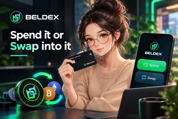 An anime-style illustration for 'BELDEX' showing a woman holding a payment card and smartphone, with the tagline 'Spend it or Swap into it' alongside cryptocurrency coin graphics.