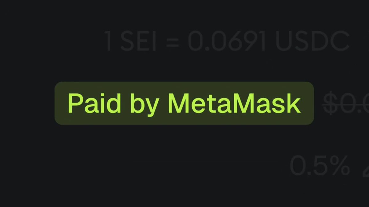 Crypto transaction screen showing '1 SEI = 0.0691 USDC' with a green confirmation button reading 'Paid by MetaMask.'