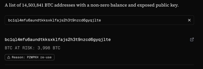 A screenshot of a cryptocurrency tool showing a BTC address search, indicating '3,998 BTC AT RISK' with the reason listed as 'P2WPKH re-use'.