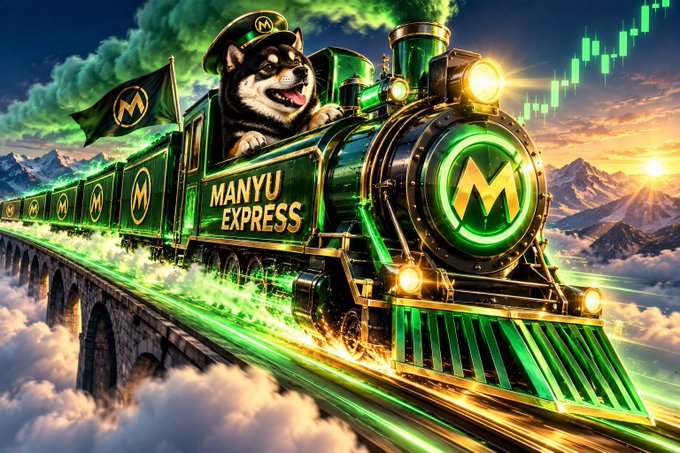 A vibrant digital illustration of a green steam locomotive labeled 'MANYU EXPRESS' driven by a smiling Shiba Inu dog wearing a conductor's hat, traveling across a stone viaduct with stock market candlestick charts in the sky.