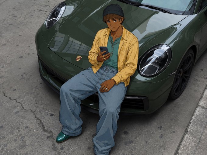 An anime-style illustration shows a young man in a yellow jacket, teal shirt, beanie, and jeans casually leaning against a dark green Porsche while looking at his phone. The sleek luxury car and laid-back aesthetic complement the post's themes of lifestyle branding and consumer attention.