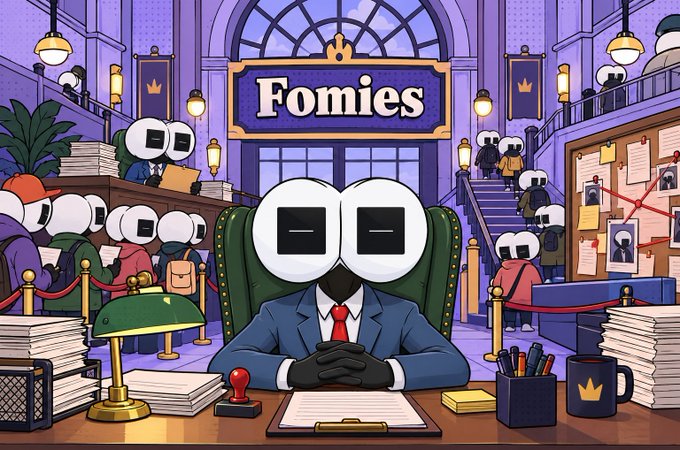 A cartoon-style digital illustration of an office with characters having TV-shaped heads, featuring a central figure at a desk beneath a 'Fomies' sign, with other similar characters working and queuing in the background.
