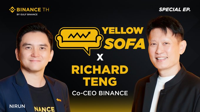 Promotional graphic for a special episode of 'Yellow Sofa' featuring Nirun and Richard Teng, Co-CEO of Binance, with text 'BINANCE TH by GULF BINANCE' in the corner.