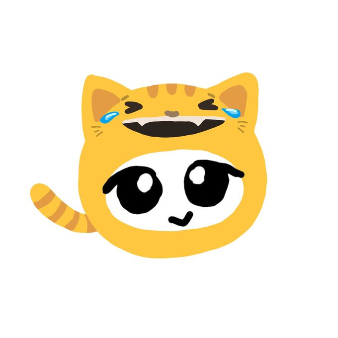 A cute cartoon illustration of a round yellow cat-like character with a happy, laughing expression and big expressive eyes.