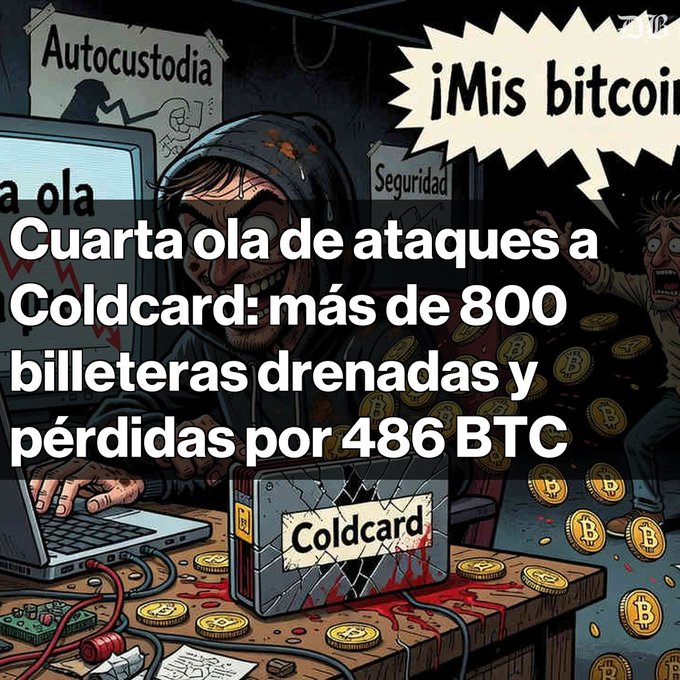A Spanish-language infographic depicting a hacker cartoon with text 'Cuarta ola de ataques a Coldcard: más de 800 billeteras drenadas y pérdidas por 486 BTC', warning about a fourth wave of Coldcard hardware wallet attacks and BTC losses.