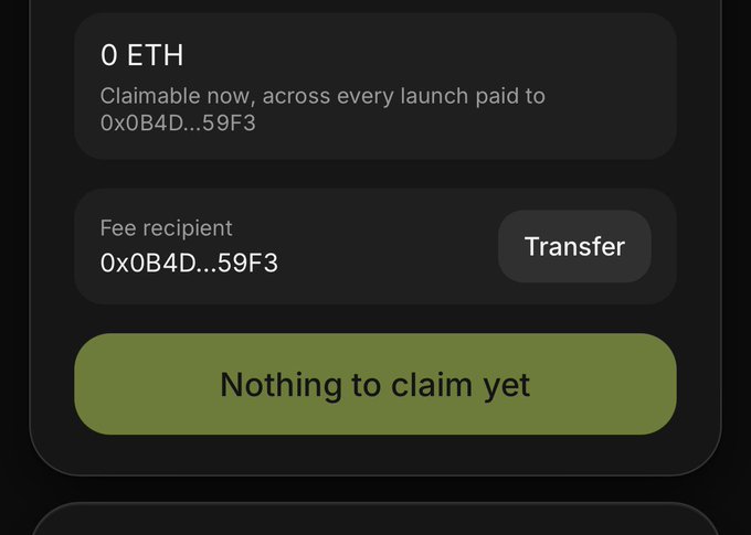 A cryptocurrency wallet interface showing '0 ETH' claimable, a fee recipient address '0x0B4D...59F3' with a Transfer button, and a green button stating 'Nothing to claim yet'.