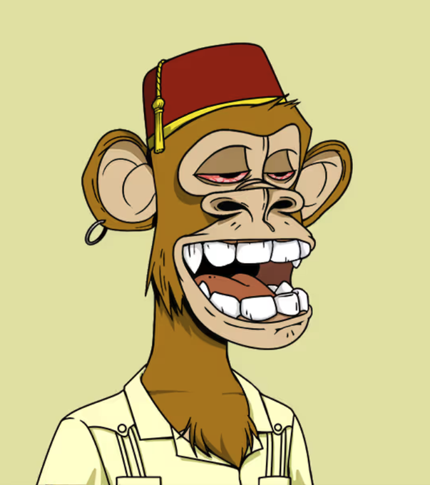 The image features a cartoon monkey wearing a red hat, standing against a light yellow background with its mouth open wide as if it's speaking or laughing. The caption below the image reads "Hey Ape Follows Ape. Just picked up this grail #5770. The floor is ripping too! Feels good to be back Asking a favor BAYC holders I want to get some support on my project. Here is the CA:".