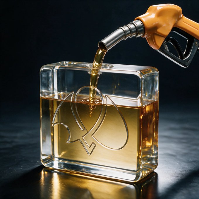 A surreal image of a gas pump nozzle dispensing liquid into a glass cube that has the number '420' embossed on it.