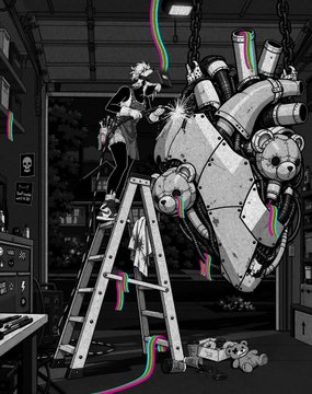 A black and white artwork depicting a person on a ladder working on a large mechanical heart structure, accented with small colorful glitch-like streaks.